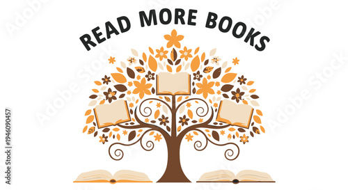 Vector illustration of tree with books and 'READ MORE BOOKS' text
