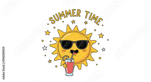 Vector illustration of smiling sun wearing sunglasses with summer drink