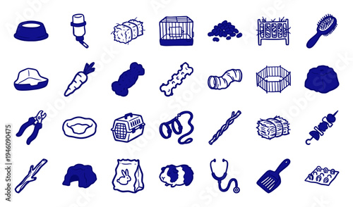 Hand-drawn small pet supplies and guinea pig care elements for animal welfare branding. Rustic, naive marker sketch illustrations of rodent accessories.
