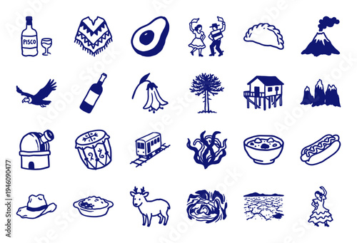 Chilean culture and travel elements in a rustic hand-drawn aesthetic. Naive blue marker sketches of pisco, condor, andes mountains and traditional folklore.