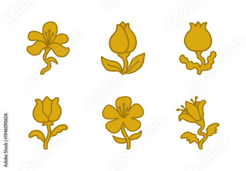 Golden hand-drawn floral and botanical elements for organic brand identity. Rustic, naive marker sketch illustrations featuring stylized flower blossoms.