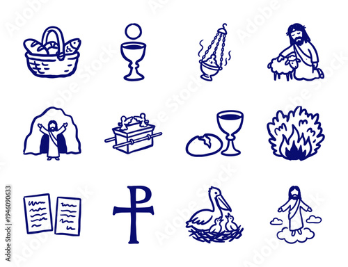 Hand-drawn Christian religious symbols and biblical stories for community outreach. Naive marker sketch aesthetic featuring Jesus and faith concepts.
