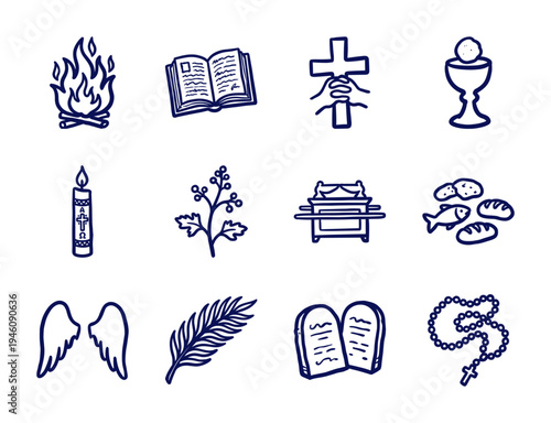 Hand-drawn Christian religious symbols and biblical elements in a rustic navy blue marker doodle style. Naive spiritual faith illustrations for church branding.