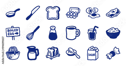 Hand-drawn breakfast and kitchen elements for organic cafe branding. Rustic naive marker sketch illustrations featuring eggs, toast, and morning coffee concepts.