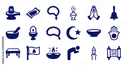 Hand-drawn religious and spiritual symbols for global faith branding. Rustic naive marker sketch illustrations featuring diverse worship concepts.