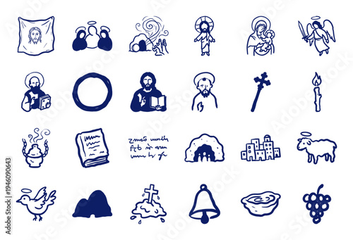 Hand-drawn Christian religious symbols and biblical figures for spiritual branding. Rustic naive marker sketch illustrations featuring orthodox faith elements.