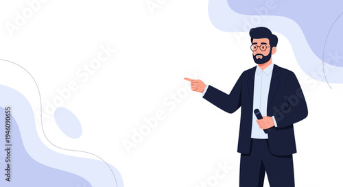 Man Speaker Presenter Pointing Finger Holding Microphone Presentation Business Meeting