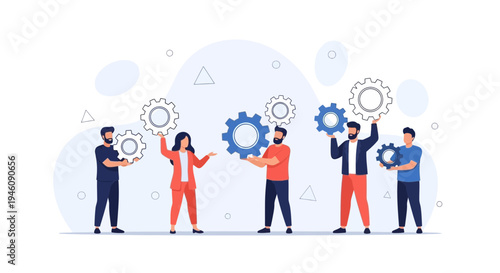 Teamwork and collaboration: people holding gears, symbolizing unity and business success