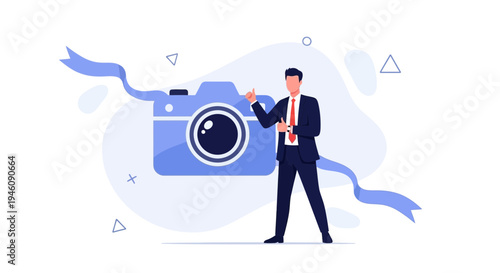 Businessman giving thumbs up near a stylized blue camera and ribbon