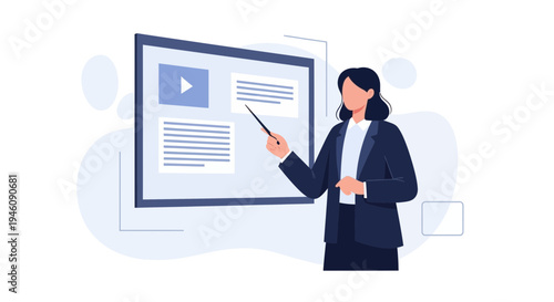 Businesswoman presenting on a digital screen with video and text