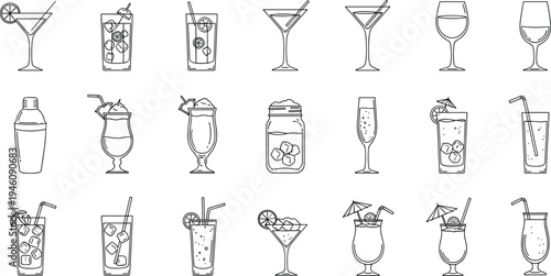 Line art illustration collection of diverse cocktail glasses, margaritas, martinis, wine, champagne flutes, tropical drinks, and mixology shaker elements