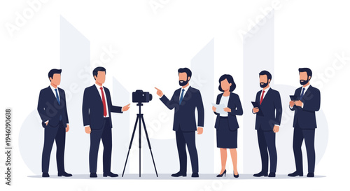 Business team filming presentation with camera on tripod, modern office background