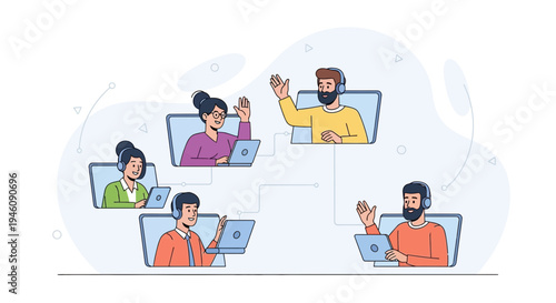 Diverse team collaborating remotely via video conference on laptops