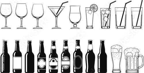 "Collection of assorted drinkware including wine glasses, cocktail glasses with garnishes, tall drinking glasses, beer bottles, and frothy beer mugs"