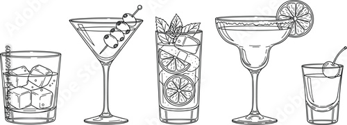 Black and white line drawing of assorted cocktail glasses with garnishes including martini, margarita, tumbler, highball, and shot glass illustration