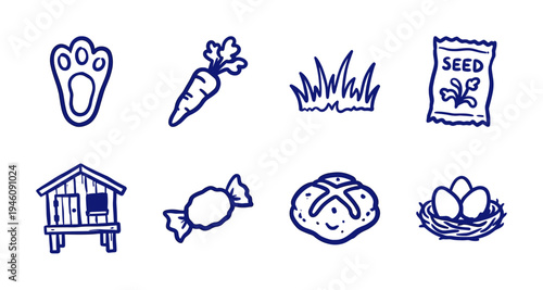 Rustic hand-drawn spring and farm life elements for organic branding. Naive blue marker sketch illustrations featuring rabbit care and gardening.