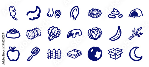 Rabbit and small pet care elements in a crude marker sketch style. Rustic hand-drawn guinea pig and hamster supplies featuring hay, snacks, and habitat accessories.