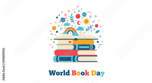 World Book Day vector illustration, colorful book stack with rainbow and decorative elements