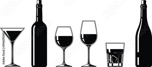 Black silhouette illustration of assorted drinkware and bottles including martini glass, wine glasses, tumbler with ice, and tall liquor bottle