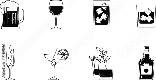 Black and white illustration of assorted alcoholic beverages including beer mug, wine glass, champagne flute, cocktail glass, mojito, and liquor bottle