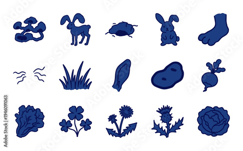 Hand-drawn rabbit and garden forage elements in a naive marker sketch style. Rustic blue ink illustrations of hares, burrow, and edible plants.
