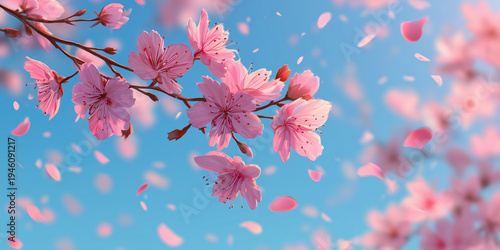 soft watercolor background of pink cherry blossom branches and falling petals for spring hanami festival