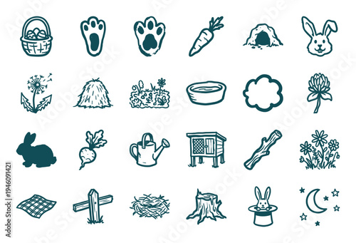 Hand-drawn rabbit care and woodland nature elements for organic brand identity. Rustic, naive marker sketch illustrations featuring bunny lifestyle.