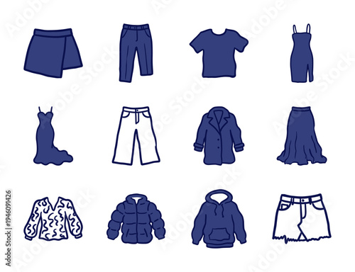 Hand-drawn casual apparel and fashion garments for organic brand identity. Rustic, naive marker sketch illustrations of essential clothing items.