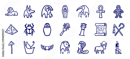 Ancient Egyptian culture and mythology elements for historical storytelling. Crude hand-drawn marker sketch illustrations featuring pharaohs and gods.