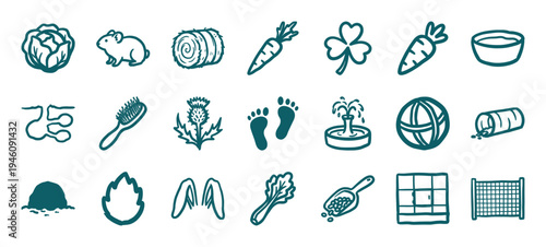 Rabbit care and small pet ownership elements in a rustic hand-drawn doodle style. Naive marker sketch illustrations for veterinary and animal welfare branding.