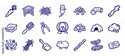 Hand-drawn small pet care and guinea pig accessories for organic branding. Naive marker sketch illustrations featuring rodent habitat and grooming elements.