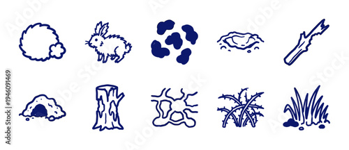 Hand-drawn forest floor and wildlife elements in a rustic blue marker sketch style. Naive organic doodles of rabbits, burrows, and woodland nature.