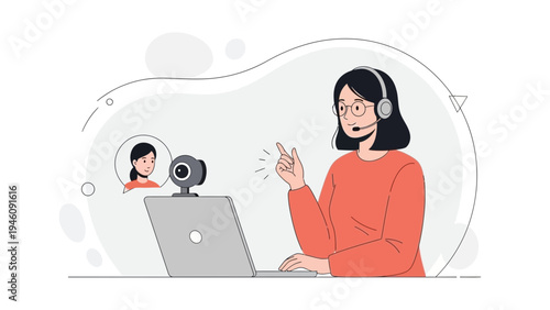 Woman video conferencing with headset and laptop, web camera communication