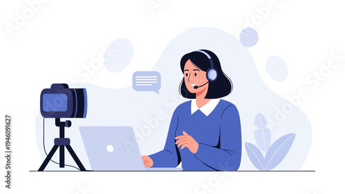 Woman Vlogger with Camera and Laptop, Recording Video Content