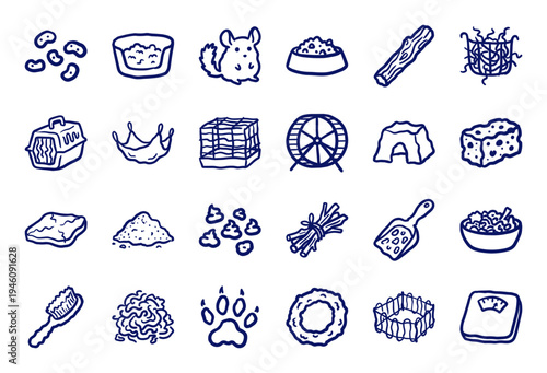 Hand-drawn chinchilla pet care elements for small animal husbandry. Rustic naive marker sketch illustrations of rodent supplies and habitat accessories.