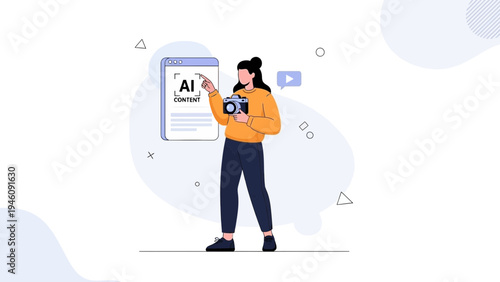 Woman with camera creating AI content on digital screen