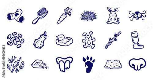 Hand-drawn rabbit care and pet supply elements for organic brand identity. Rustic, naive marker sketch illustrations of bunny lifestyle concepts.