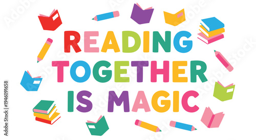 Set of colorful reading-themed vector icons and illustrations