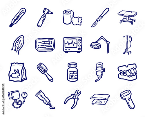 Hand-drawn veterinary clinic and small animal medical care elements. Rustic, naive marker sketch illustrations for pet health and surgery concepts.