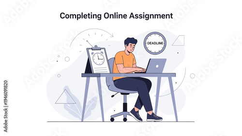 Young Man Completing Online Assignment on Laptop, Deadline Concept