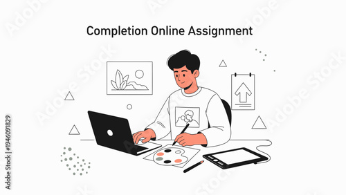Young Man Completing Online Assignment on Laptop, Digital Art Creation