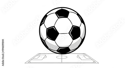 black and white vector illustration featuring a classic soccer ball (football) positioned above a miniature perspective of a football field.