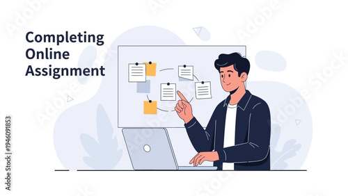 Young man completing online assignment on laptop, planning with sticky notes