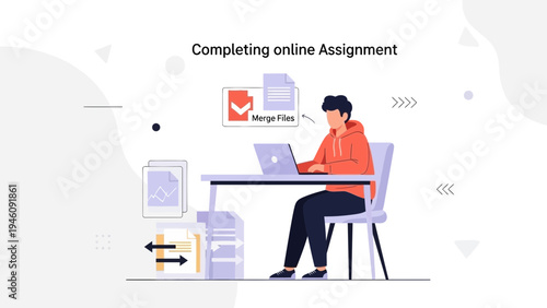 Young man completing online assignment on laptop, remote education concept