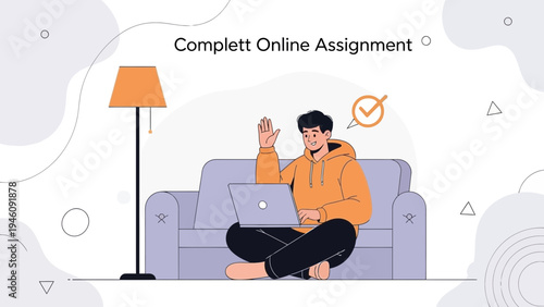 Young man completing online assignment on laptop, sitting cross-legged on sofa