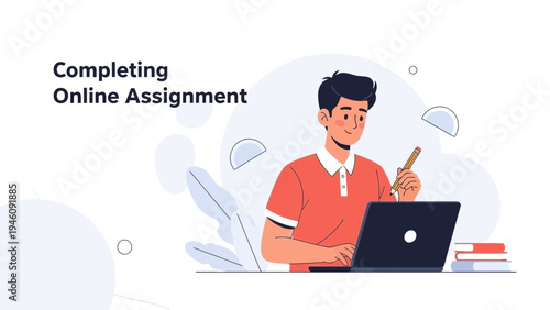 Young Man Completing Online Assignment on Laptop, Studying Remotely