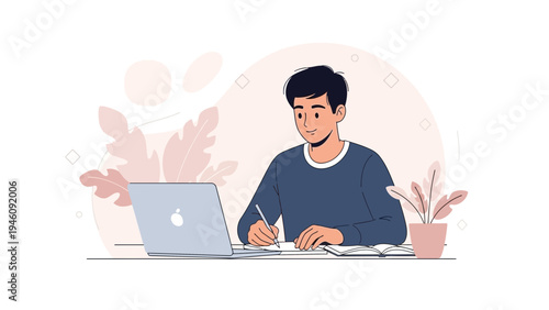 Young Man Studying and Working on Laptop with Notes and Plant