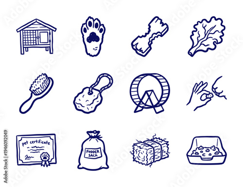 Hand-drawn rabbit care and small pet supplies for organic brand identity. Rustic naive marker sketch illustrations featuring bunny welfare concepts.