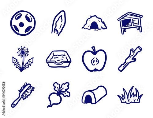 Hand-drawn rabbit care and small pet accessories in a naive marker sketch style. Rustic blue ink doodles of hutch, hay, and forage elements.