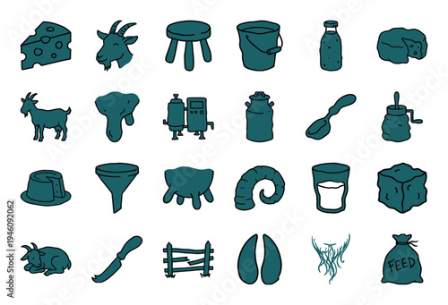 Hand-drawn goat farming and dairy production elements for rustic brand identity. Naive marker sketch illustrations featuring artisan cheese and livestock.